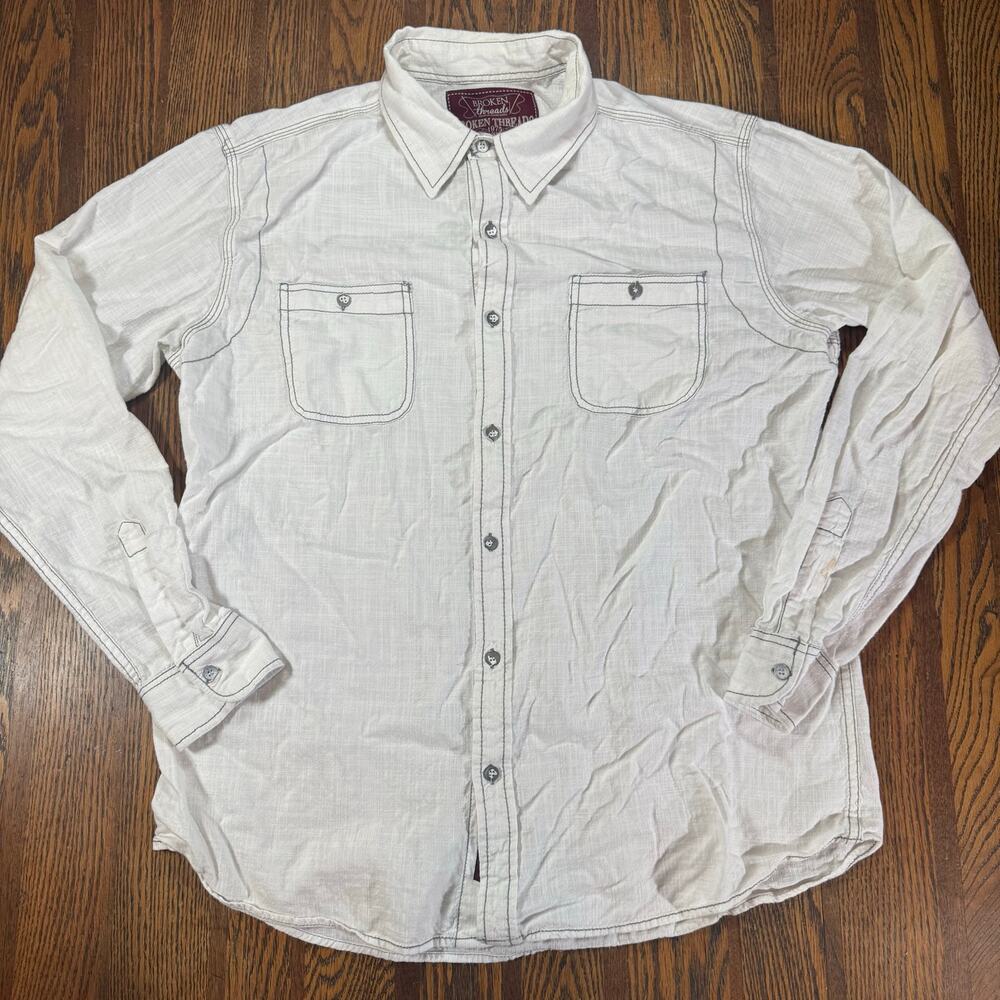 Broken Threads XL White Long Sleeve Button Down Shirt Contrast Stitch Pockets